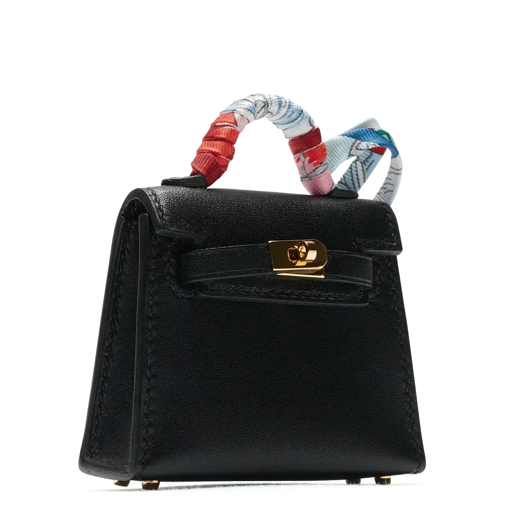 Micro Kelly Twilly Black Leather Bag Charm Gold Hardware