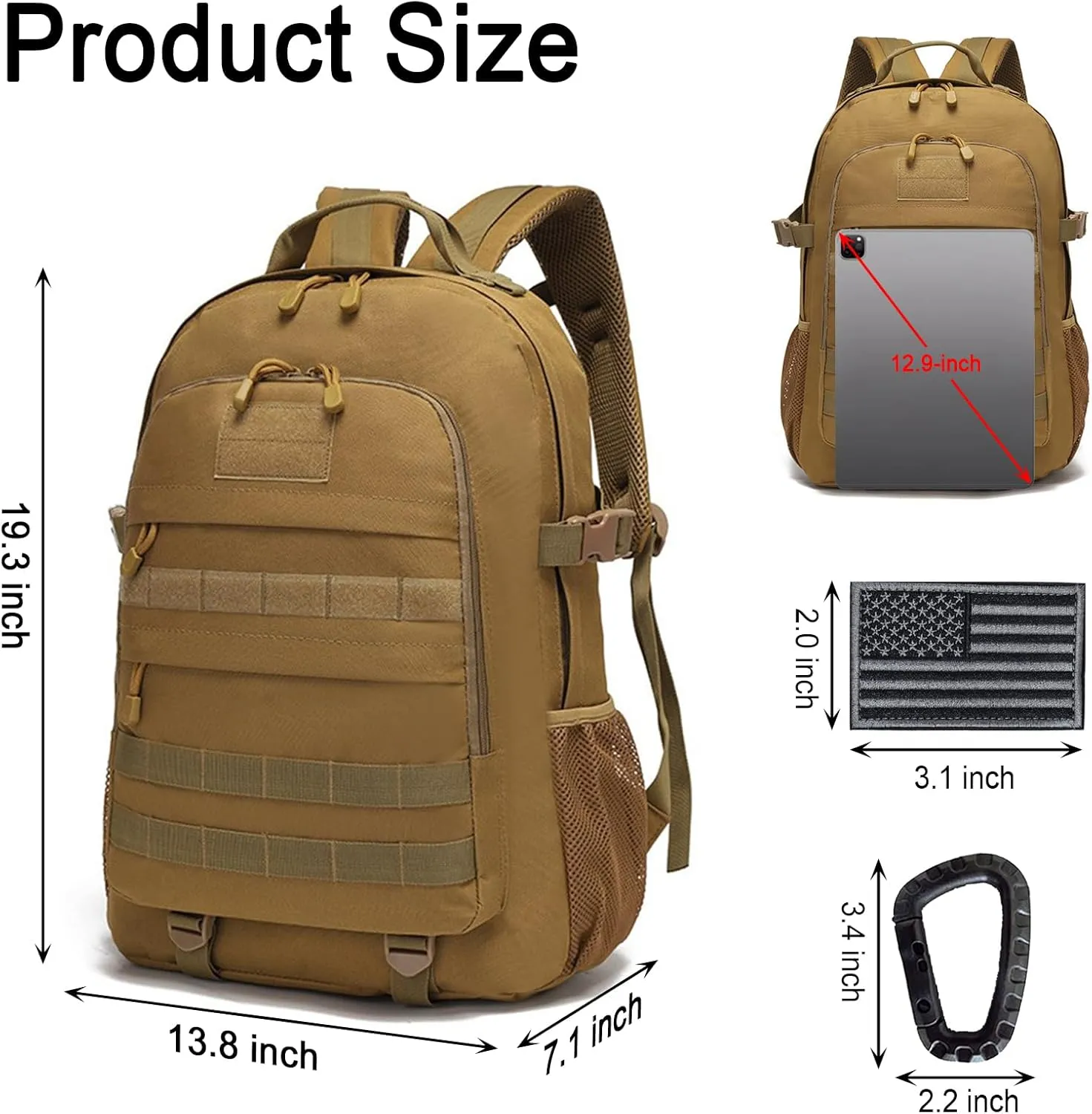 Military Tactical Backpack, 30L Hiking Daypack Water-Resistant 3 Day Assault Backpacks Molle Army Pack(Tan)