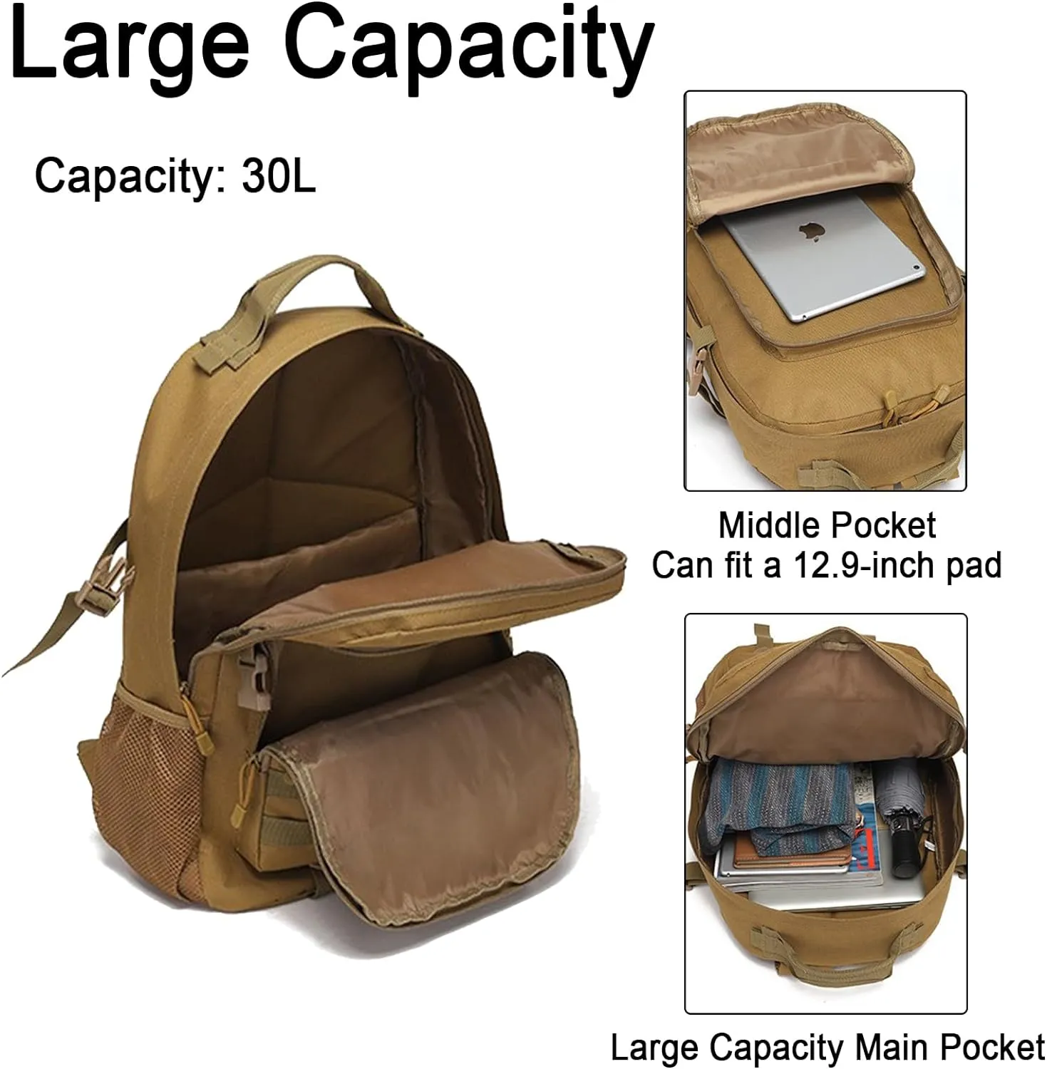Military Tactical Backpack, 30L Hiking Daypack Water-Resistant 3 Day Assault Backpacks Molle Army Pack(Tan)