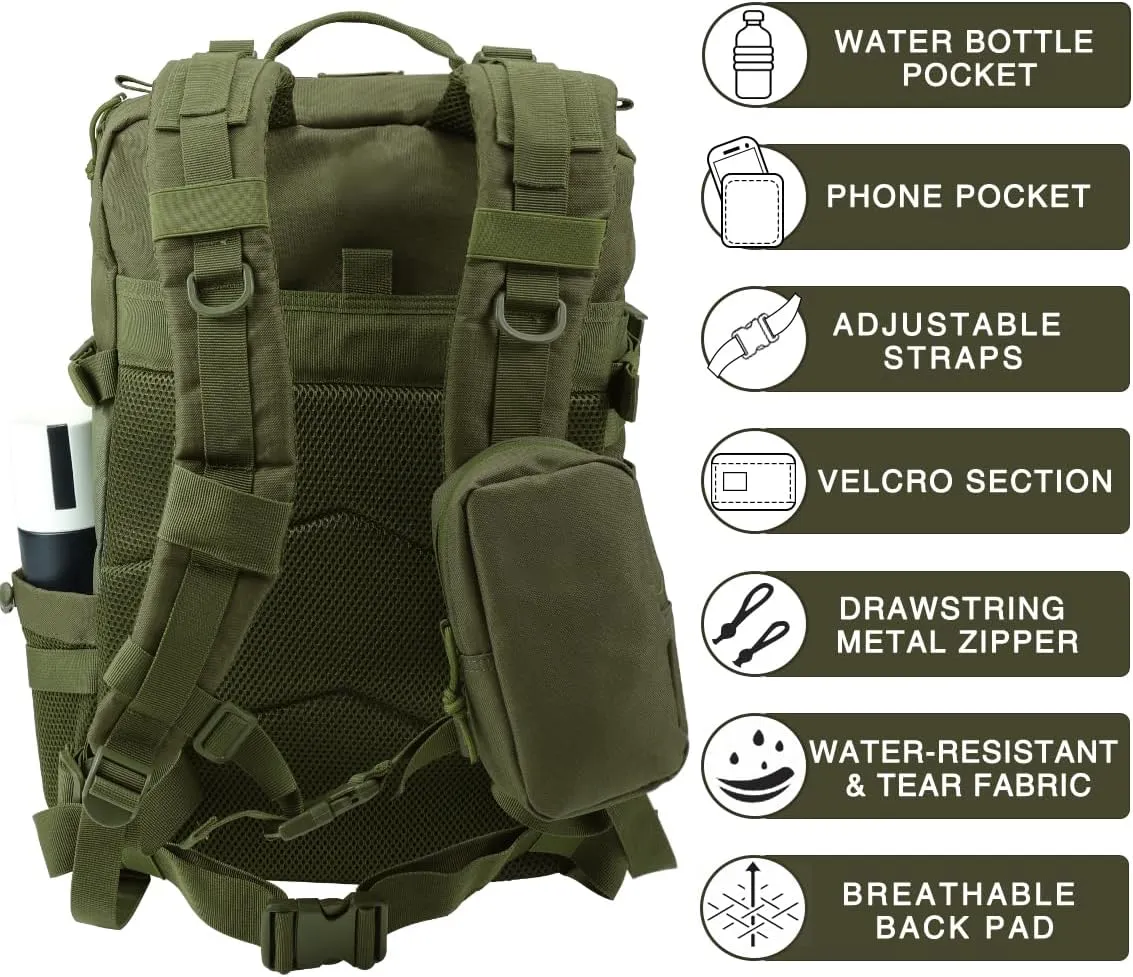 Military Tactical Backpack,Sturdy Work & Molle Laptops Rucksack,Army Pack for Hiking Camping Travel Fishing Gym,Green