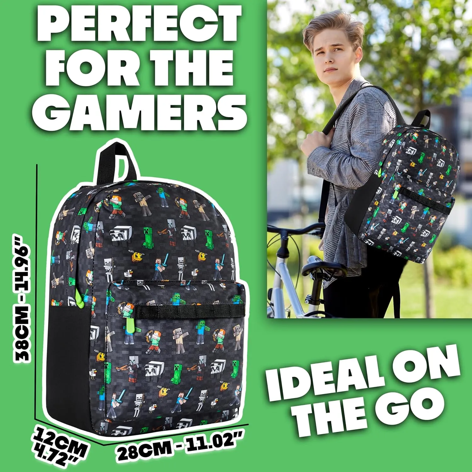 Minecraft Kids School Backpack with Zipped Front Pocket for Sports, Gym, Travel - Gamer Gifts (Black Aop)