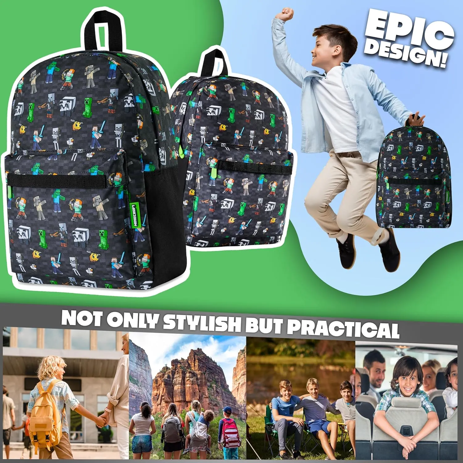 Minecraft Kids School Backpack with Zipped Front Pocket for Sports, Gym, Travel - Gamer Gifts (Black Aop)