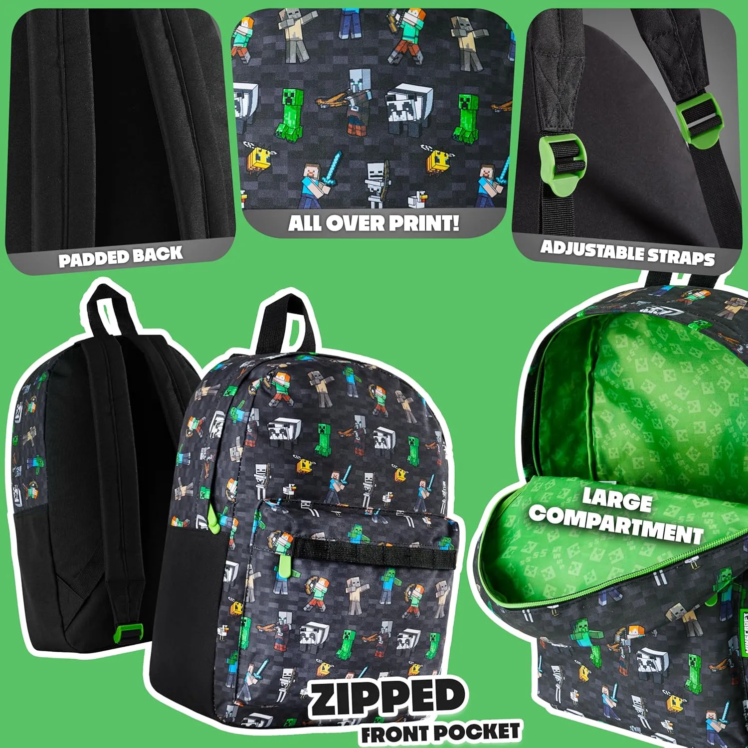 Minecraft Kids School Backpack with Zipped Front Pocket for Sports, Gym, Travel - Gamer Gifts (Black Aop)