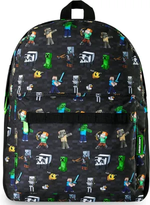 Minecraft Kids School Backpack with Zipped Front Pocket for Sports, Gym, Travel - Gamer Gifts (Black Aop)
