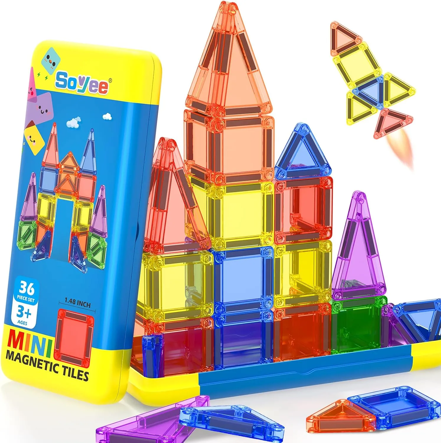 Mini Magnetic Tiles Travel Toddler Toys with Metal Tin Portable STEM Building Kids Toys for 3 4 5 6 7 8  Years Old Boys & Girls & Birthday Gifts