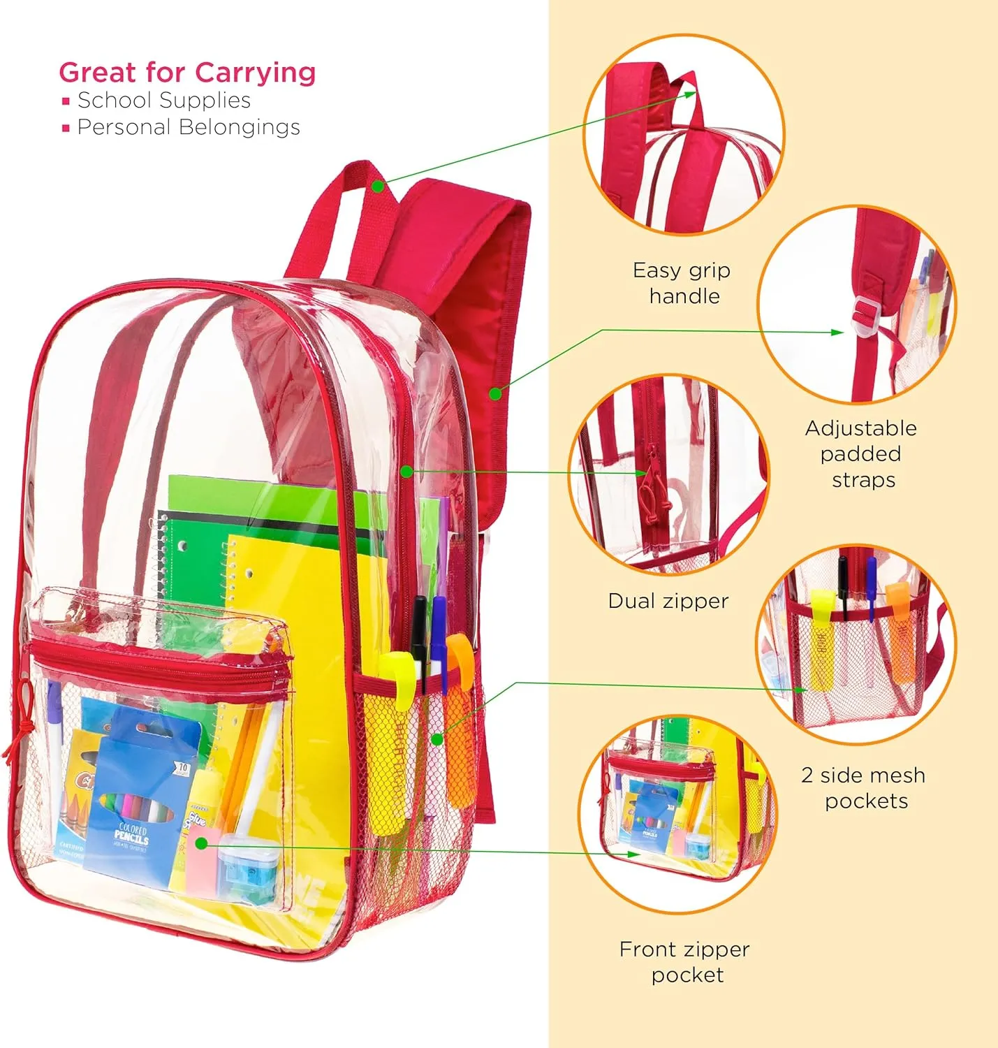 Moda West 24 Pack 17inch Wholesale Bulk Clear Backpack In 6 Assorted Color