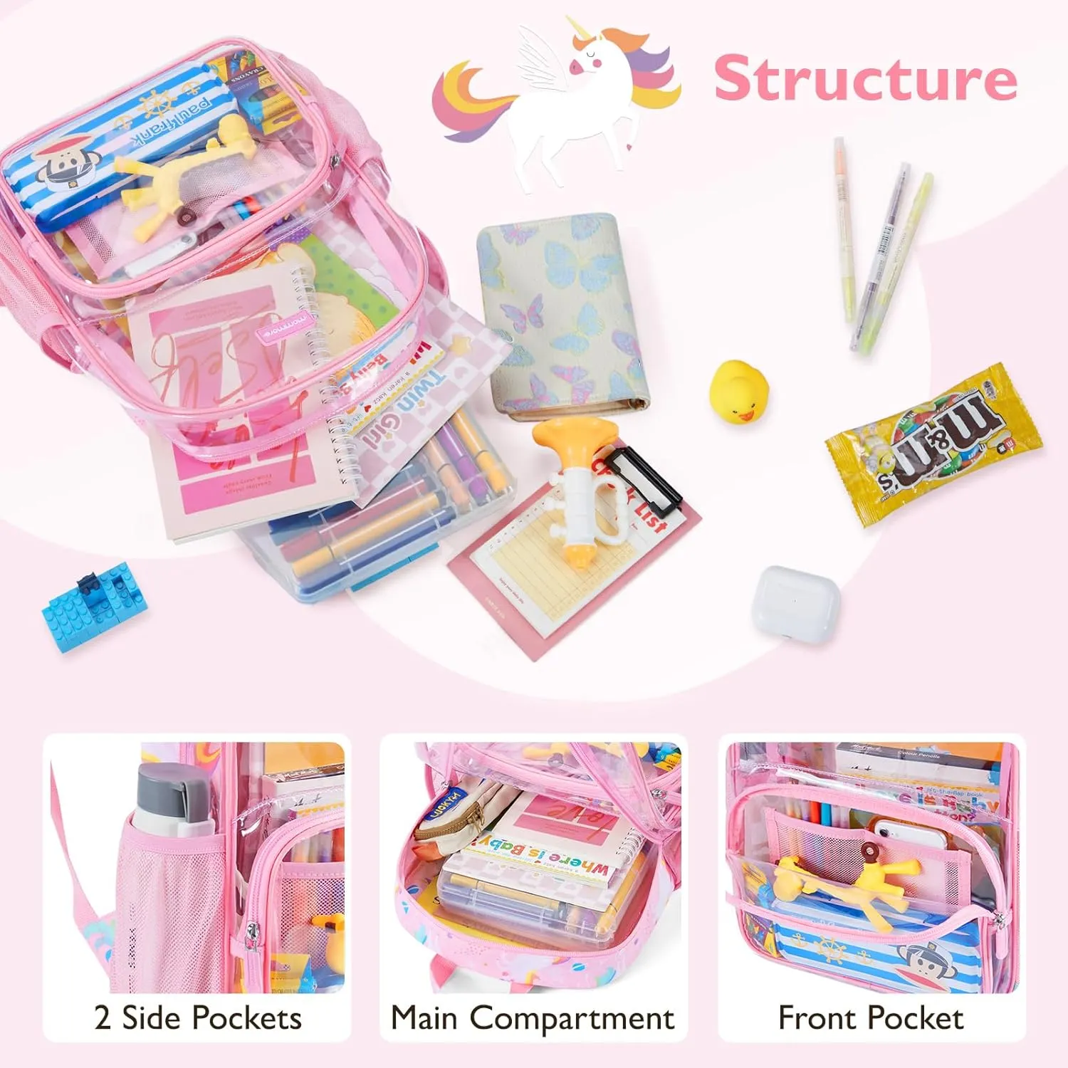 mommore Clear Backpack for School Kids Clear Bookbag Heavy Duty 15 Inch See Through Backpack Unicorn Transparent Bag for Girls