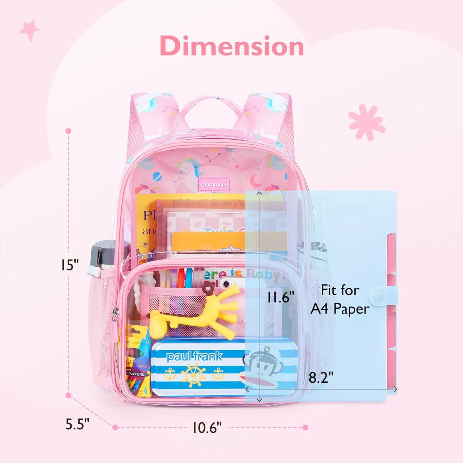mommore Clear Backpack for School Kids Clear Bookbag Heavy Duty 15 Inch See Through Backpack Unicorn Transparent Bag for Girls