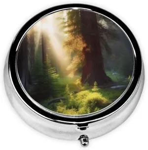 Morning Sunlight in Wilderness Pill Box Round Pill Case for Pocket Purse 3 Compartment Medicine Pill Organizer Cute Portable Travel Pillbox Vitamin Cod Liver Oil Storage Box Unique Gift Organizer