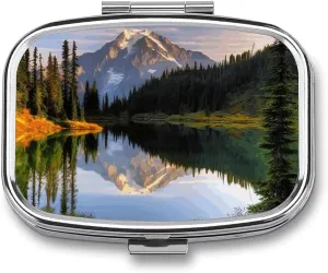 Mountain and Lake Pictures Travel Pill Organizer A Daily Pill Box for Supplements 2 Compartment Pill Case Convenient for Carrying and Storing Medicines Box