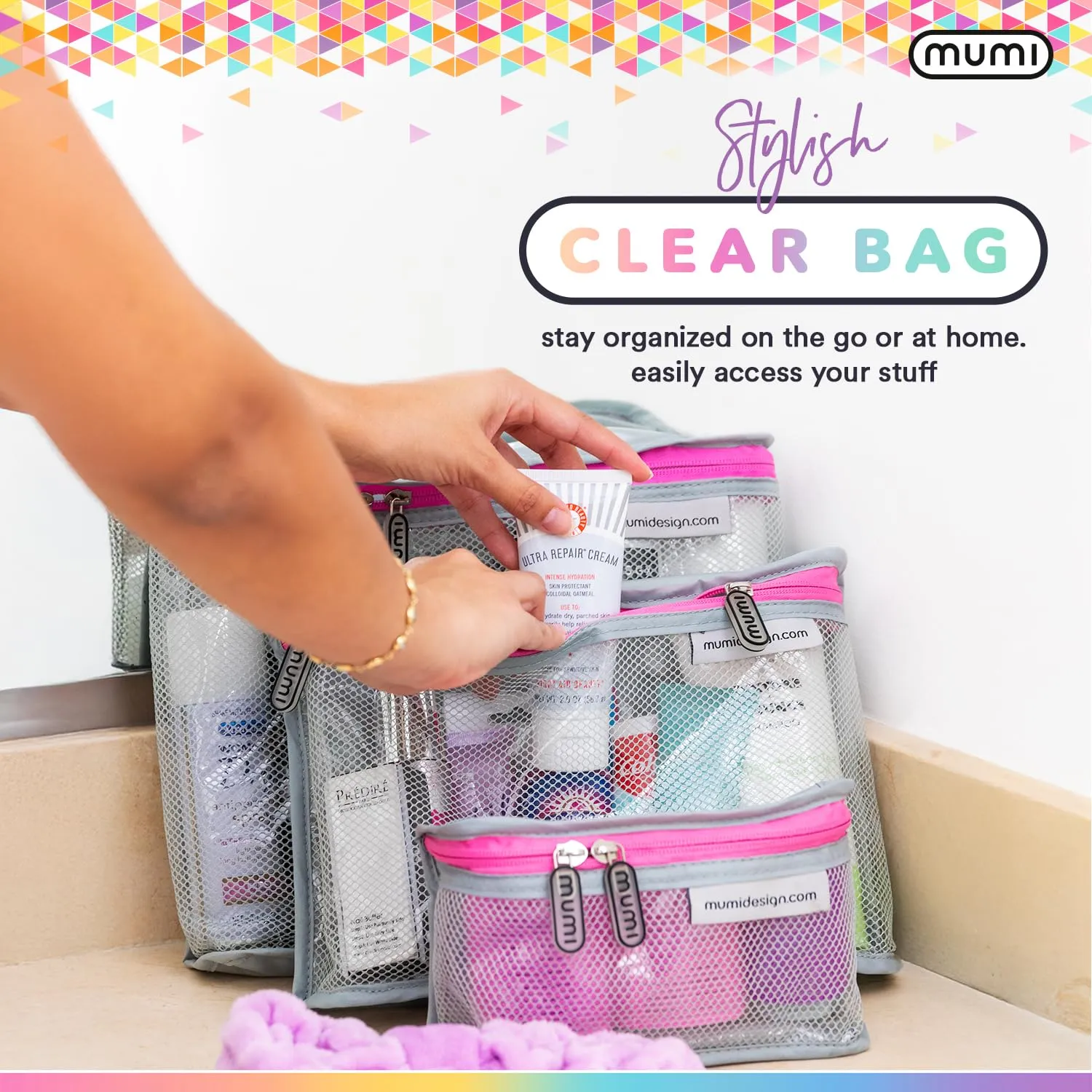 MUMI Travel Toiletry Bag Set of 3 – Water-Resistant Toiletry Bags for Women & Men – Clear Bags for Toiletries, Skincare, Makeup & Travel Essentials – Lightweight, Durable & Portable Organizer - Gray