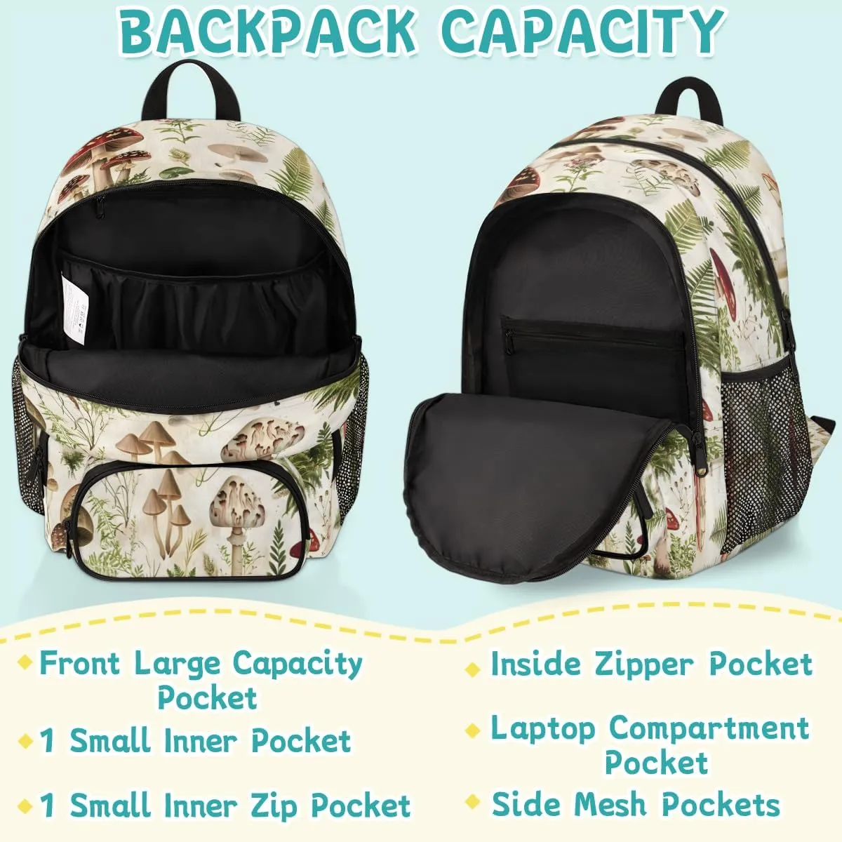 Mushroom Plants Ferns Laptop Backpack for Women Men, 18.3 Inch Large Computer Backpacks Fashion Teacher Nurse Bag Casual Daypack for Work Travel