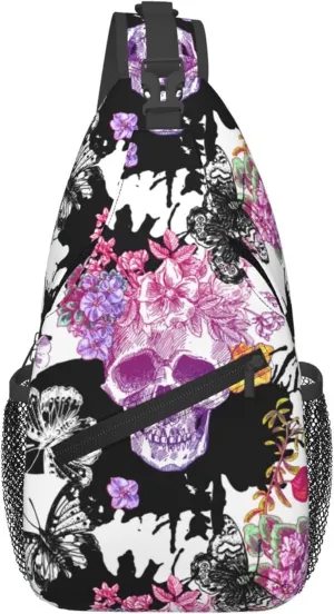Mysterious Skull Flower Butterfly Sling Backpack Crossbody Bag, Chest Bag Daypack for Outdoors Hiking Traveling