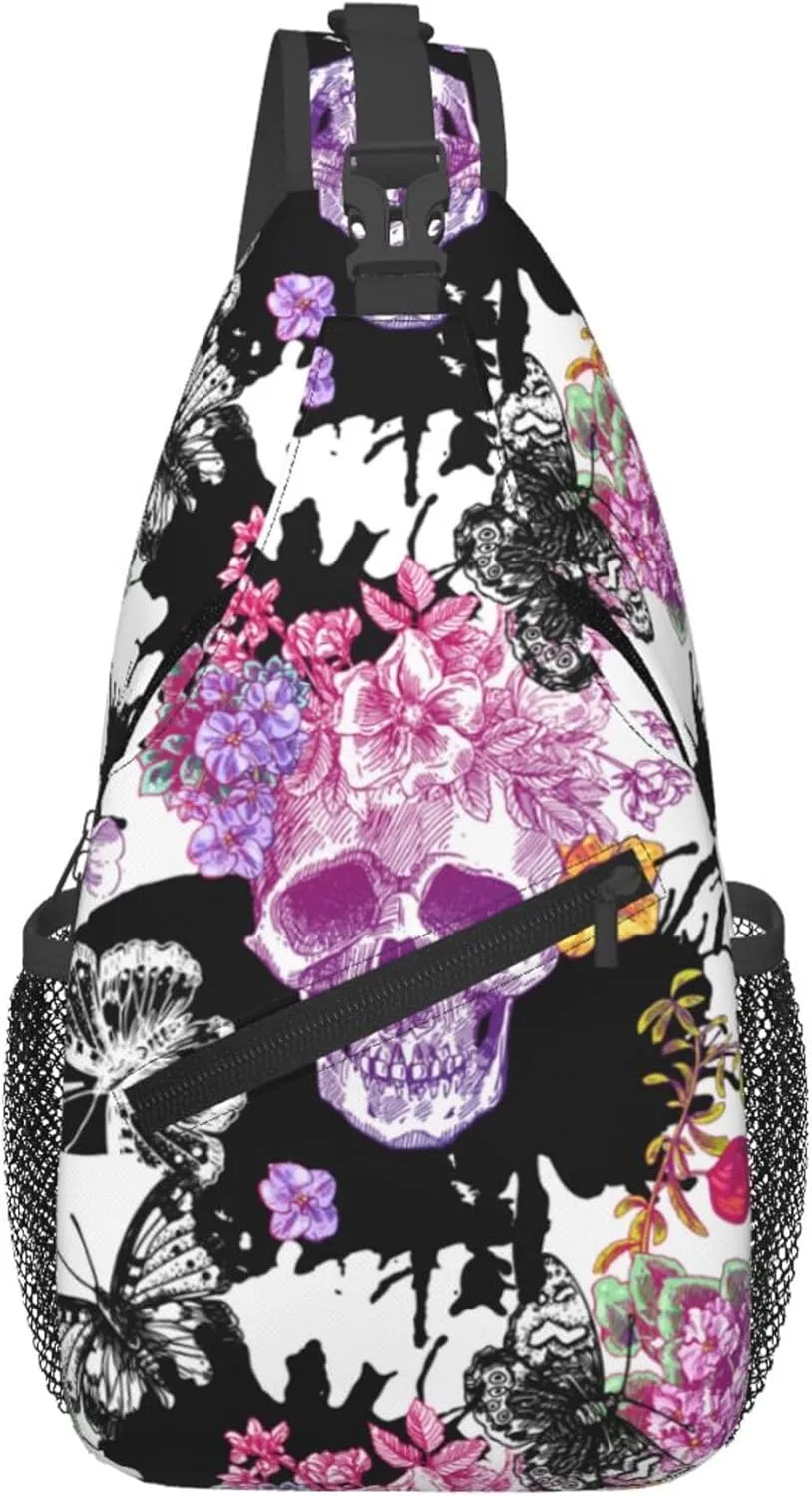 Mysterious Skull Flower Butterfly Sling Backpack Crossbody Bag, Chest Bag Daypack for Outdoors Hiking Traveling