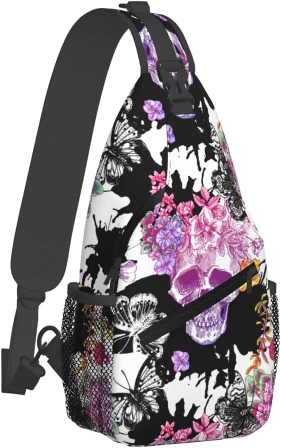 Mysterious Skull Flower Butterfly Sling Backpack Crossbody Bag, Chest Bag Daypack for Outdoors Hiking Traveling