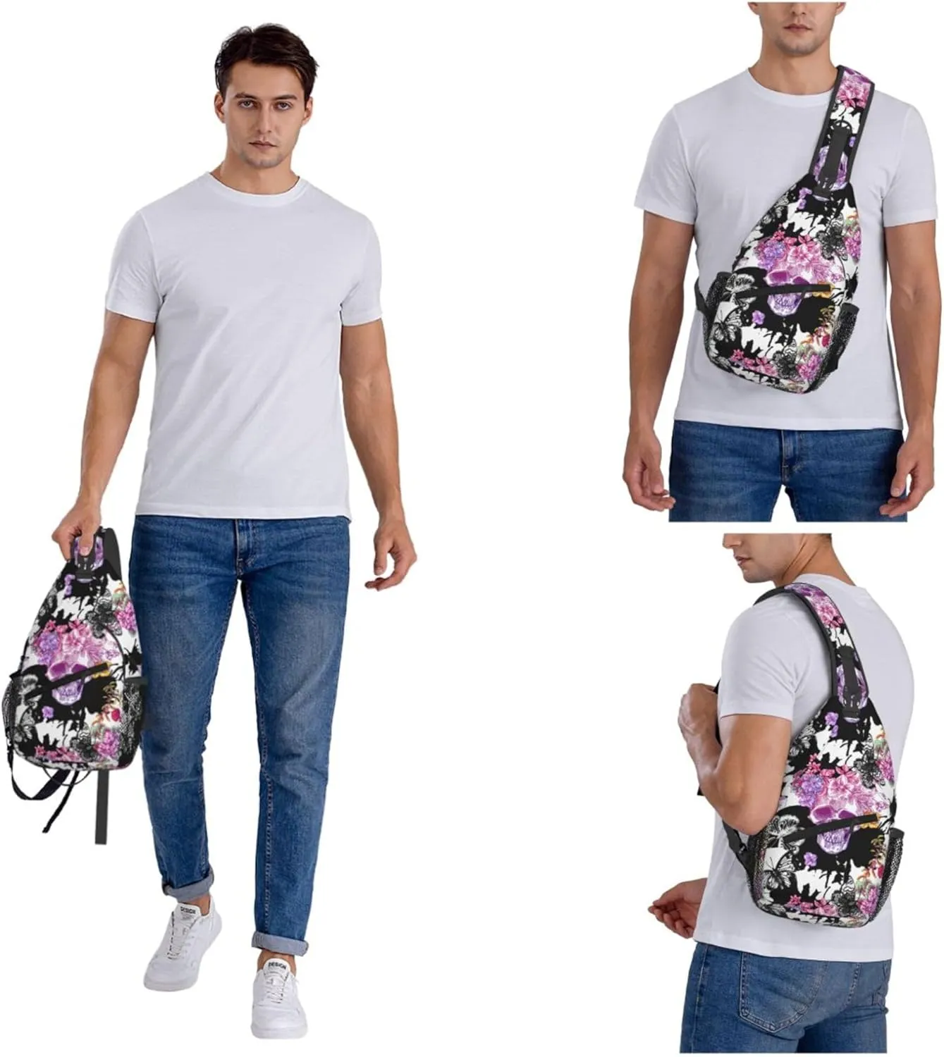 Mysterious Skull Flower Butterfly Sling Backpack Crossbody Bag, Chest Bag Daypack for Outdoors Hiking Traveling
