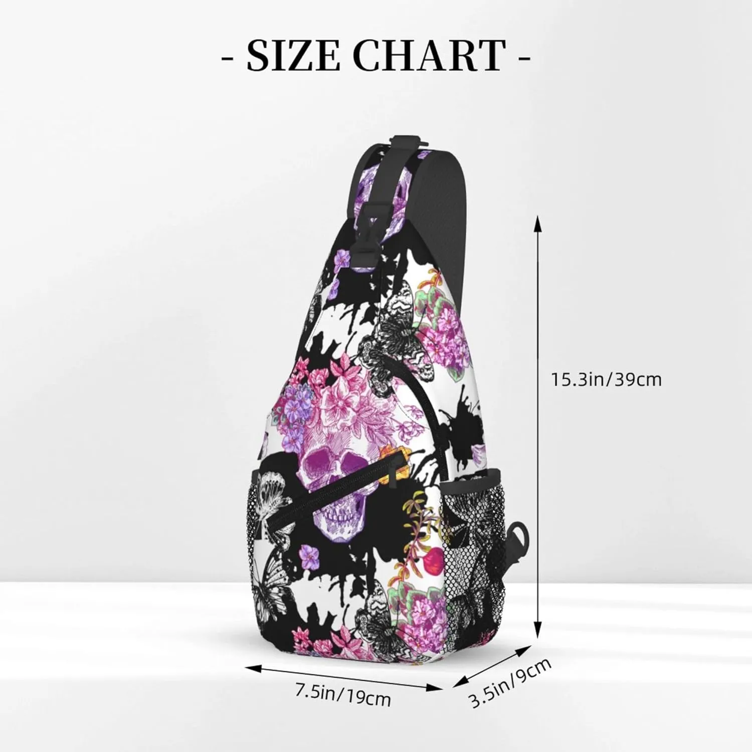 Mysterious Skull Flower Butterfly Sling Backpack Crossbody Bag, Chest Bag Daypack for Outdoors Hiking Traveling