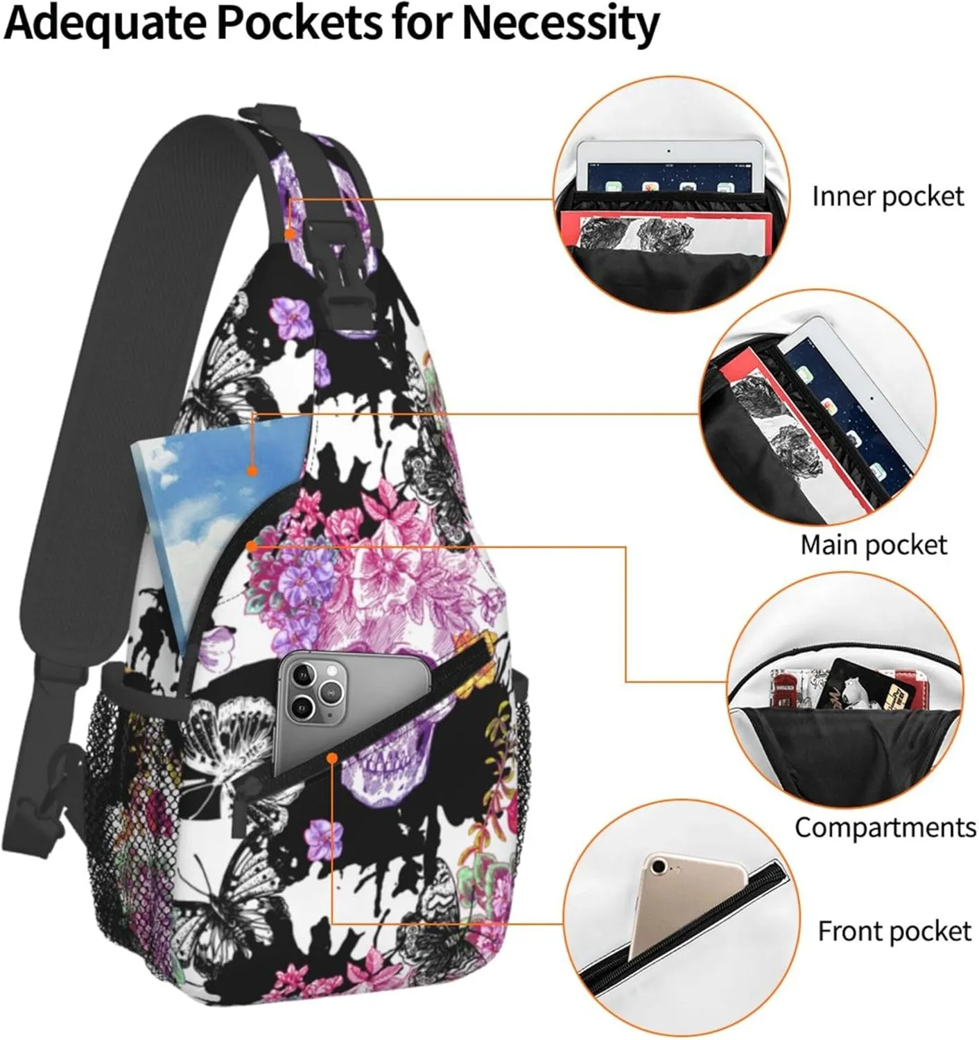Mysterious Skull Flower Butterfly Sling Backpack Crossbody Bag, Chest Bag Daypack for Outdoors Hiking Traveling