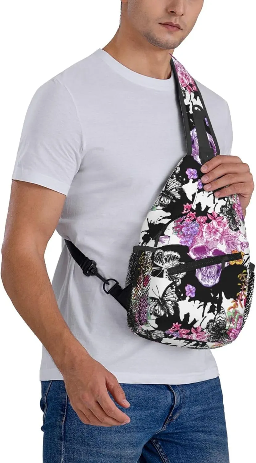 Mysterious Skull Flower Butterfly Sling Backpack Crossbody Bag, Chest Bag Daypack for Outdoors Hiking Traveling