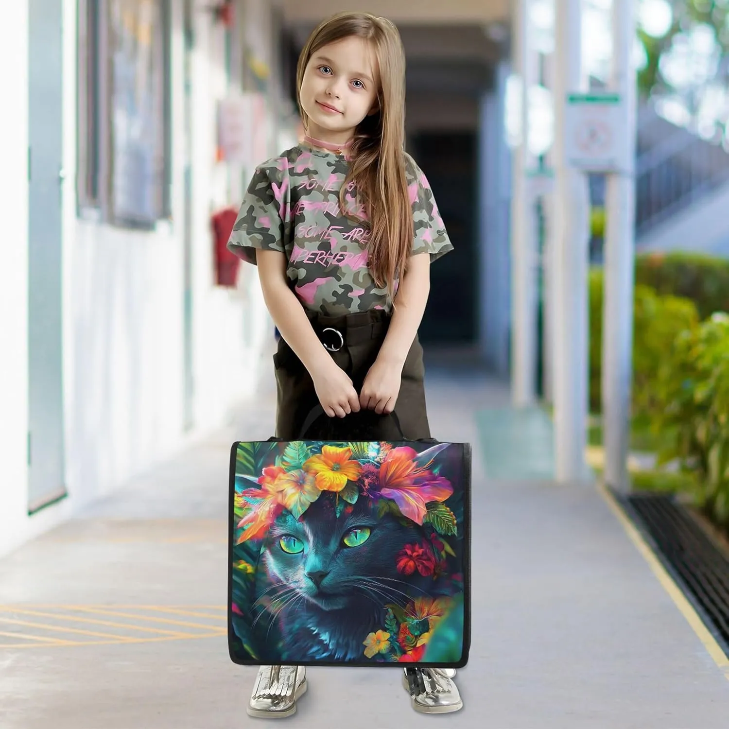 Mystical Black Cat Tropical Flowers 1 1/2 Inch Binders 3 Ring Binder Zipper Organizer School Binder Bag with Shoulder Strap Professional Storage Portfolio Folder with Handle