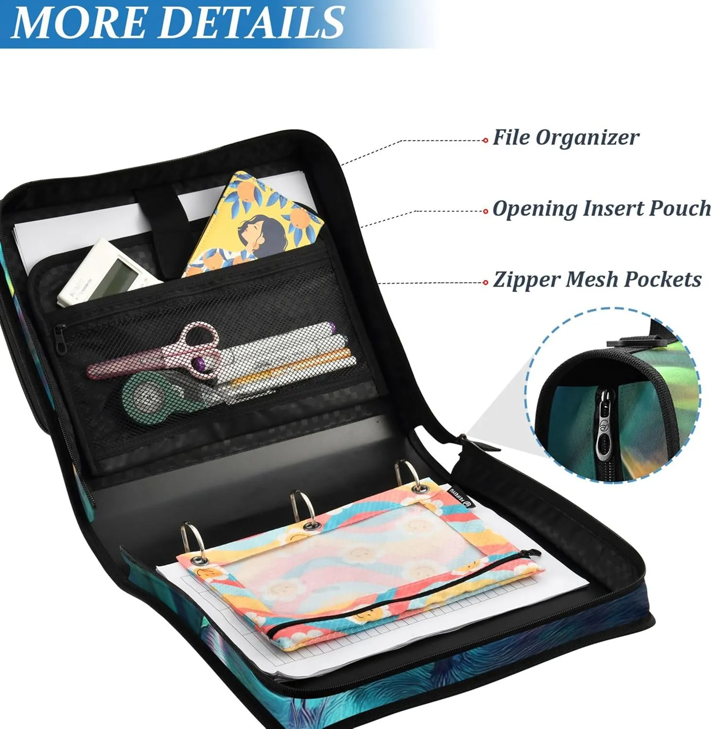 Mystical Black Cat Tropical Flowers 1 1/2 Inch Binders 3 Ring Binder Zipper Organizer School Binder Bag with Shoulder Strap Professional Storage Portfolio Folder with Handle