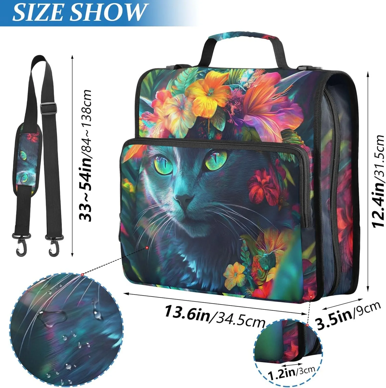 Mystical Black Cat Tropical Flowers 1 1/2 Inch Binders 3 Ring Binder Zipper Organizer School Binder Bag with Shoulder Strap Professional Storage Portfolio Folder with Handle