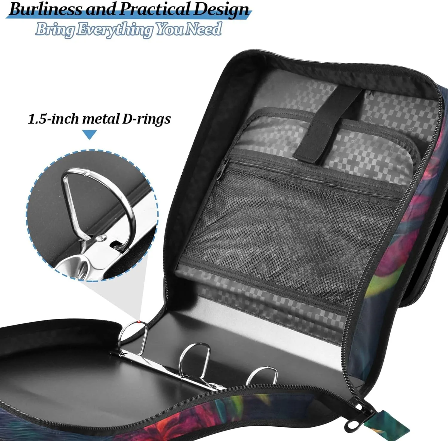 Mystical Black Cat Tropical Flowers 1 1/2 Inch Binders 3 Ring Binder Zipper Organizer School Binder Bag with Shoulder Strap Professional Storage Portfolio Folder with Handle