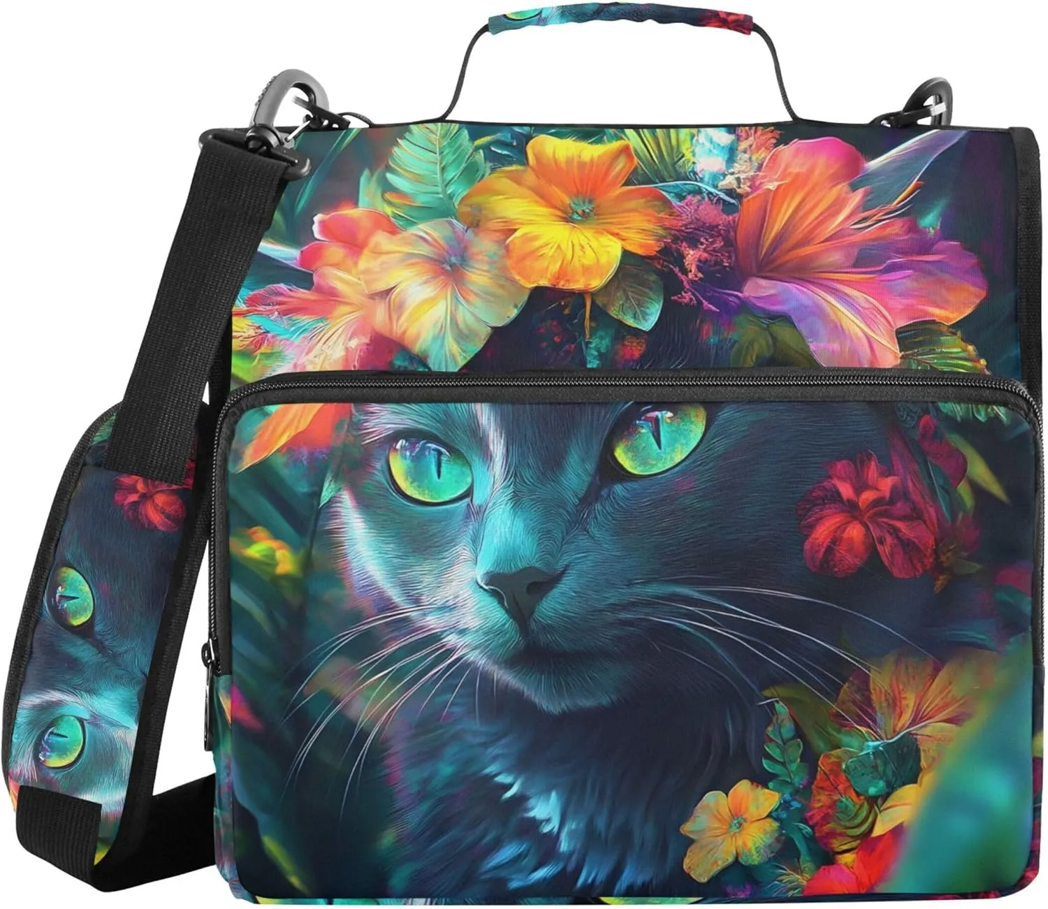 Mystical Black Cat Tropical Flowers 1 1/2 Inch Binders 3 Ring Binder Zipper Organizer School Binder Bag with Shoulder Strap Professional Storage Portfolio Folder with Handle