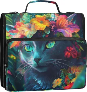 Mystical Black Cat Tropical Flowers 1 1/2 Inch Binders 3 Ring Binder Zipper Organizer School Binder Bag with Shoulder Strap Professional Storage Portfolio Folder with Handle