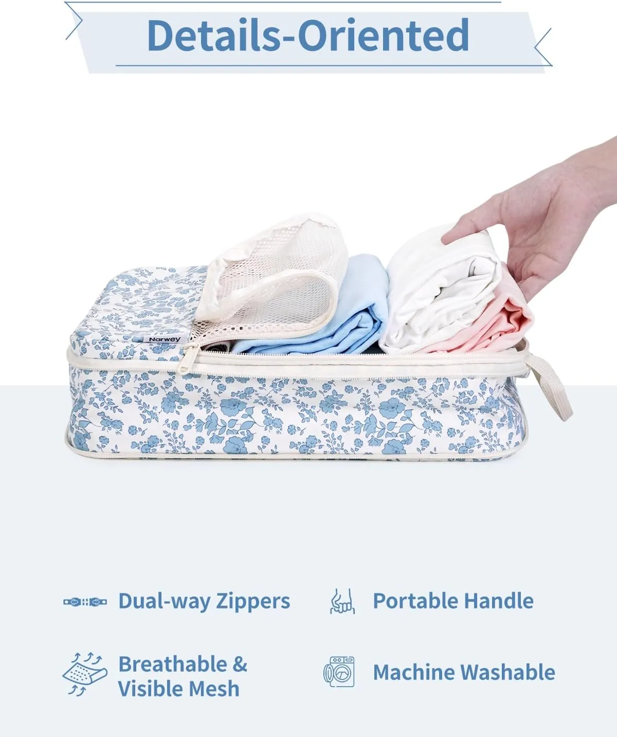 Narwey 6 Set Floral Compression Packing Cubes Travel for Carry on Women, Packing Organizers Bag for Backpack Luggage Suitcase Duffle Bags (Little Blue Flower)