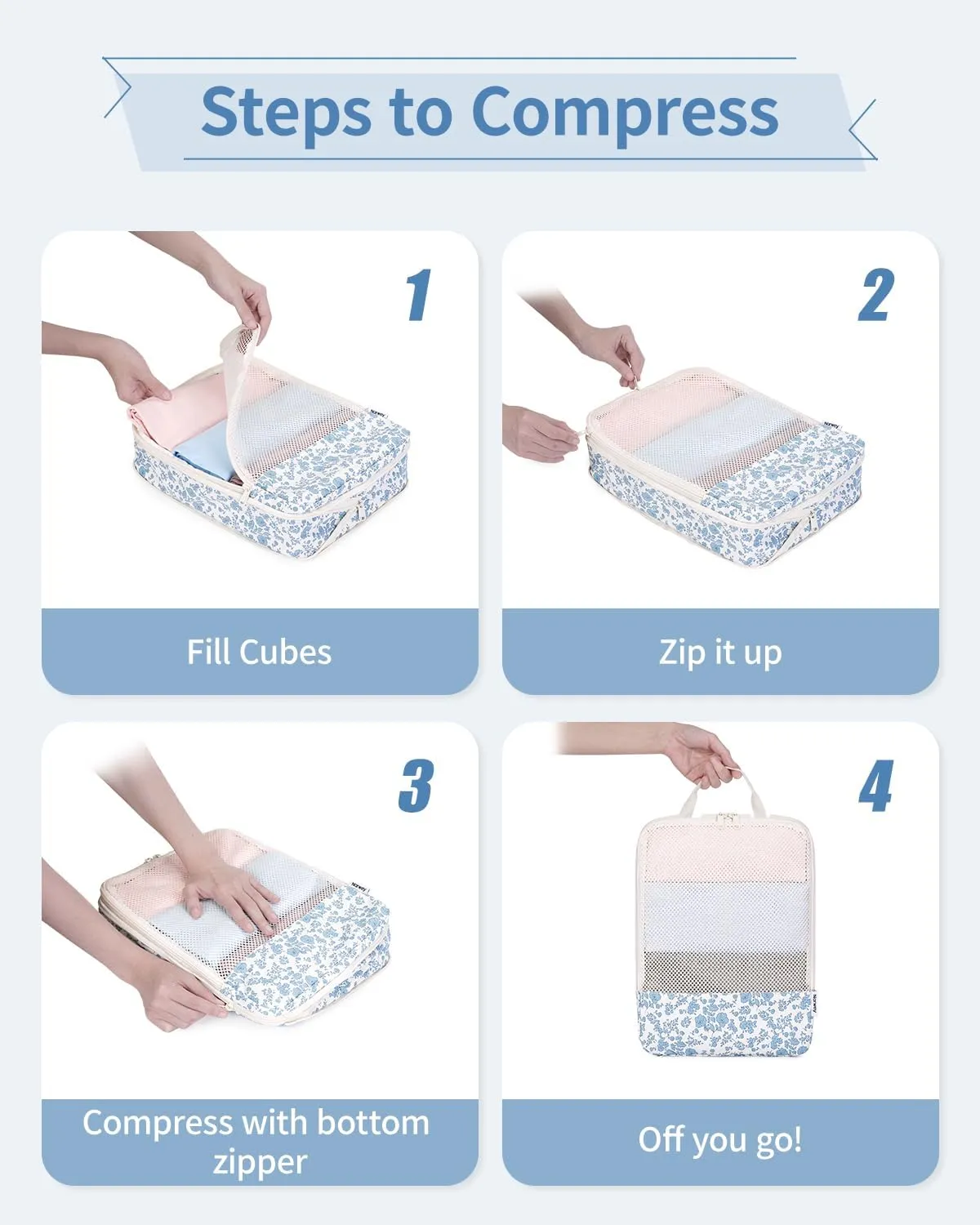 Narwey 6 Set Floral Compression Packing Cubes Travel for Carry on Women, Packing Organizers Bag for Backpack Luggage Suitcase Duffle Bags (Little Blue Flower)