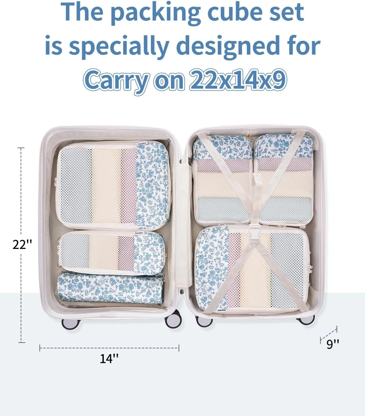Narwey 6 Set Floral Compression Packing Cubes Travel for Carry on Women, Packing Organizers Bag for Backpack Luggage Suitcase Duffle Bags (Little Blue Flower)