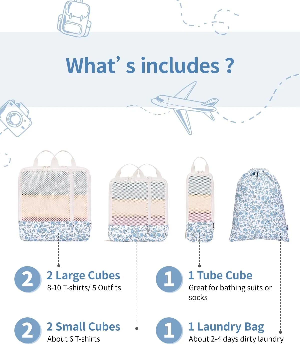Narwey 6 Set Floral Compression Packing Cubes Travel for Carry on Women, Packing Organizers Bag for Backpack Luggage Suitcase Duffle Bags (Little Blue Flower)