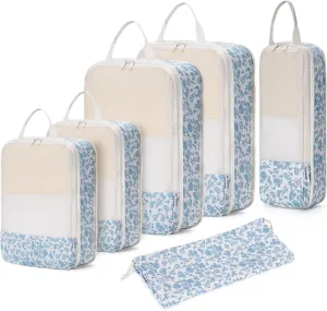 Narwey 6 Set Floral Compression Packing Cubes Travel for Carry on Women, Packing Organizers Bag for Backpack Luggage Suitcase Duffle Bags (Little Blue Flower)