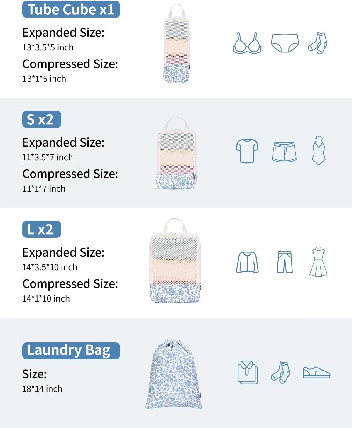 Narwey 6 Set Floral Compression Packing Cubes Travel for Carry on Women, Packing Organizers Bag for Backpack Luggage Suitcase Duffle Bags (Little Blue Flower)