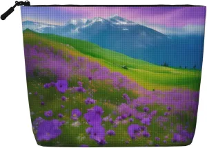Nature Purple Flowers Meadow Mountain Scenic Print Single layer Fake Hemp Makeup Bag Zipper Toiletry Bag Zipper Accessories for Women