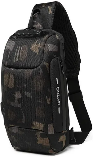New Men Sling Bag Anti-theft Crossbody Bag Chest Pack with Password Lock,USB, Reflective Stripe Shoulder Bag for Cycling Camping Riding Hiking Waterproof Polyester Camo