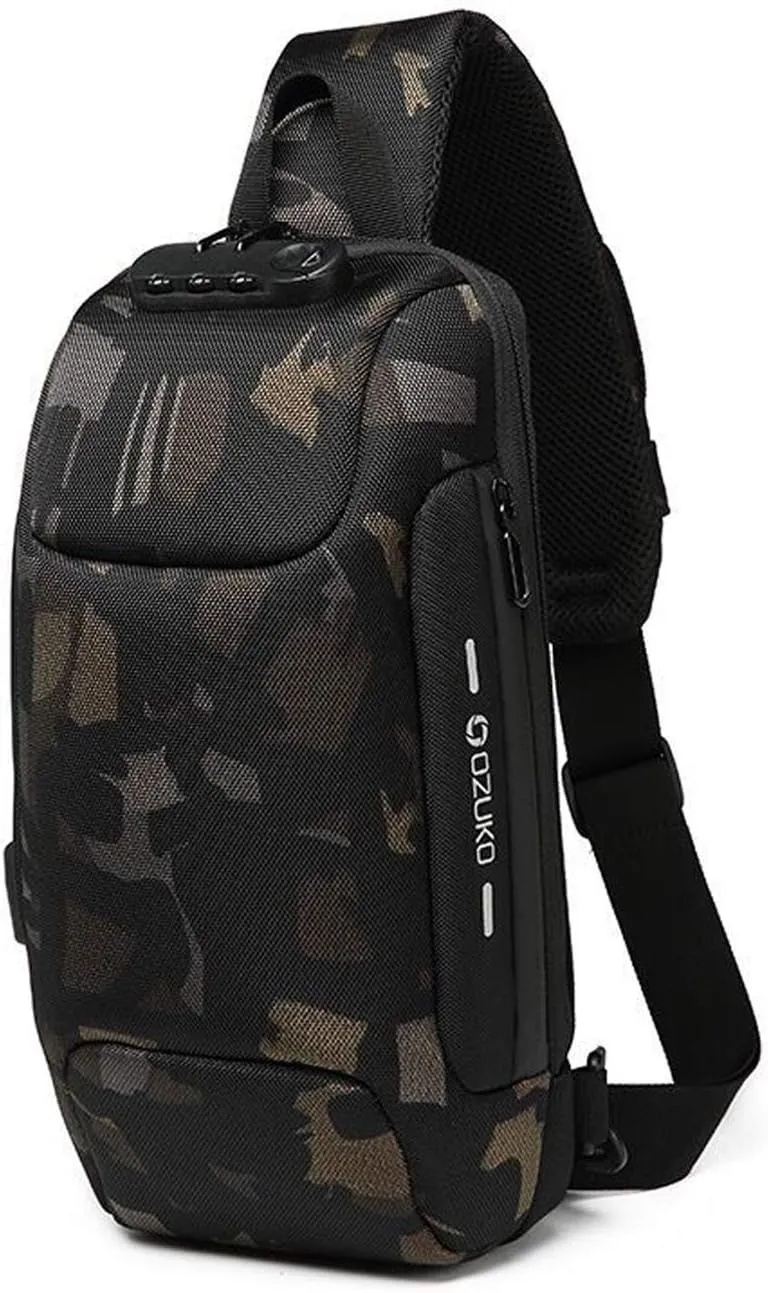 New Men Sling Bag Anti-theft Crossbody Bag Chest Pack with Password Lock,USB, Reflective Stripe Shoulder Bag for Cycling Camping Riding Hiking Waterproof Polyester Camo