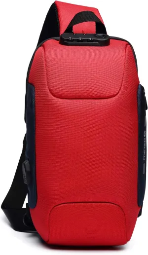 New Men Sling Bag Anti-theft Crossbody Bag Chest Pack with Password Lock,USB, Reflective Stripe Shoulder Bag for Cycling Camping Riding Hiking Waterproof Polyester Red