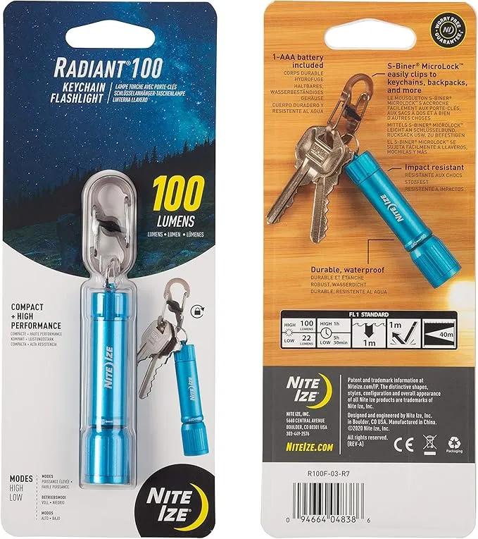 Nite Ize Radiant 100 Keychain Flashlight - Waterproof Mini Keychain Flashlight with Bright 100 Lumen Light - Waterproof Flashlight for Backpacks and Keys - Keychain Flashlight - Blue
