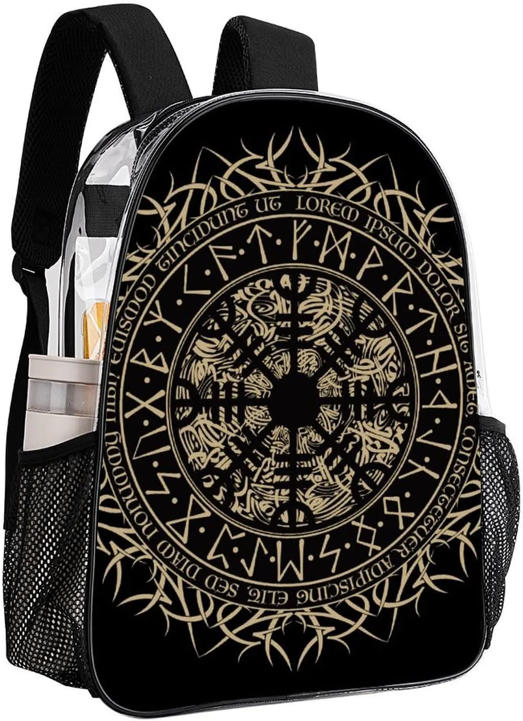 Norse Viking Vegvisir Runic Compass Transparent Fashion Waterproof PVC Transparent Backpack Unisex 17 Inches