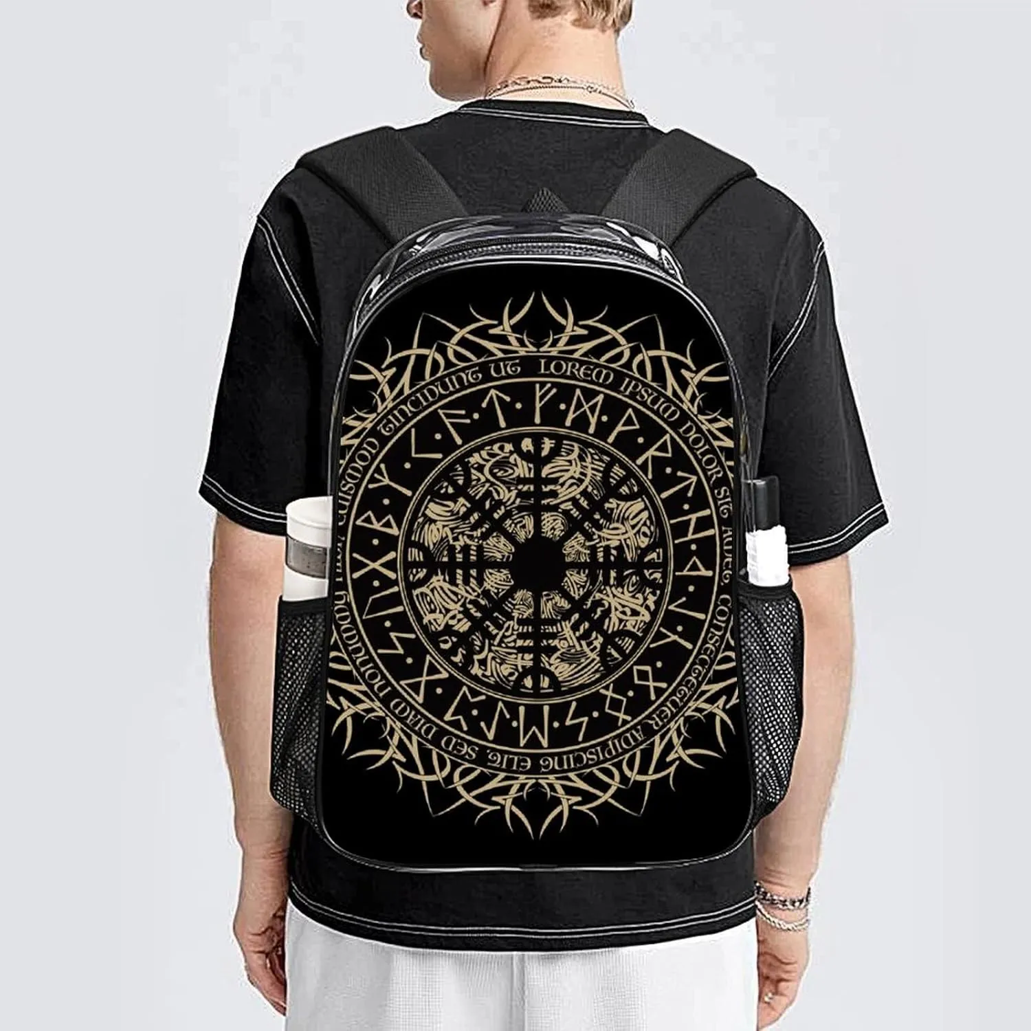 Norse Viking Vegvisir Runic Compass Transparent Fashion Waterproof PVC Transparent Backpack Unisex 17 Inches