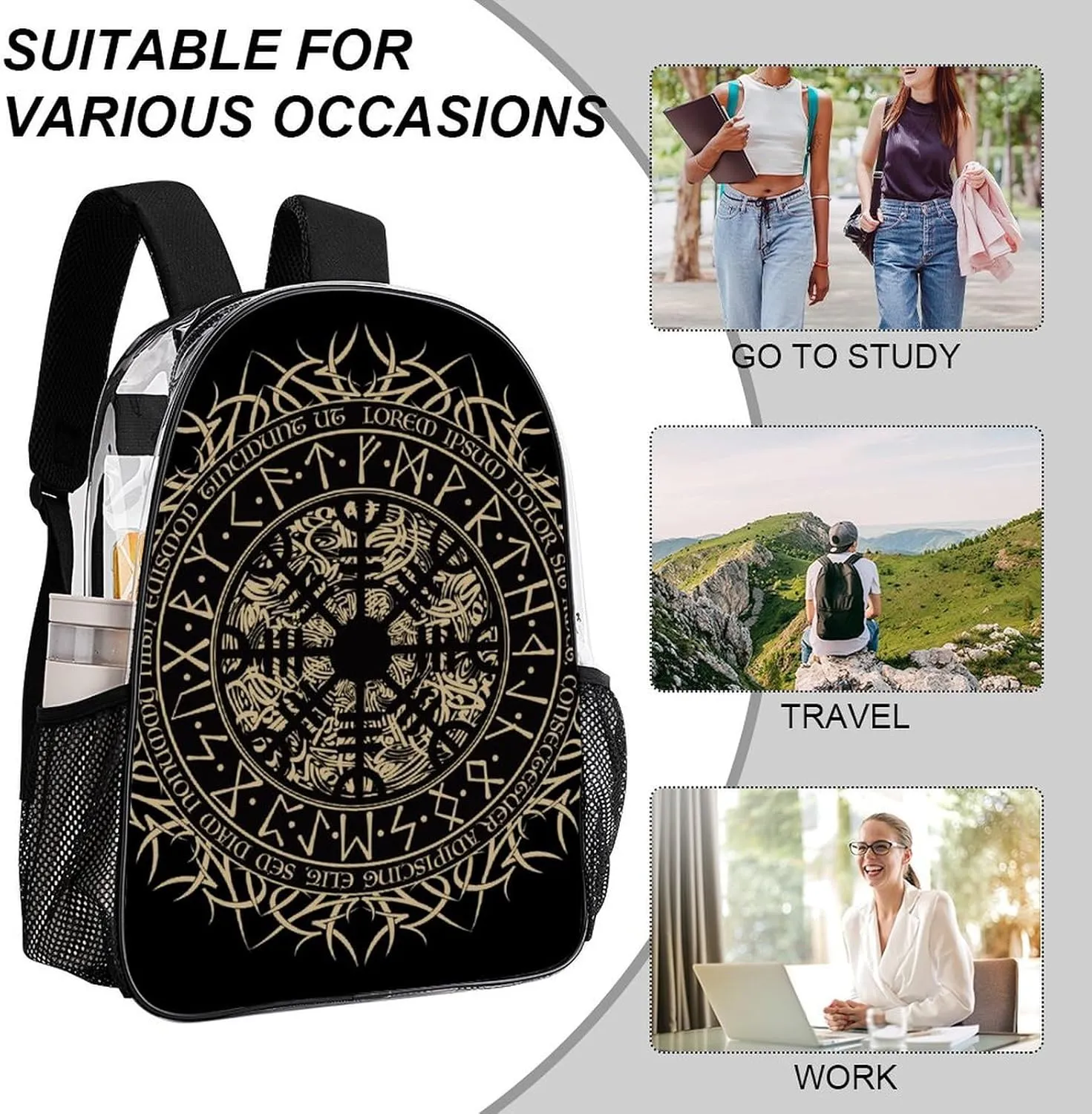 Norse Viking Vegvisir Runic Compass Transparent Fashion Waterproof PVC Transparent Backpack Unisex 17 Inches