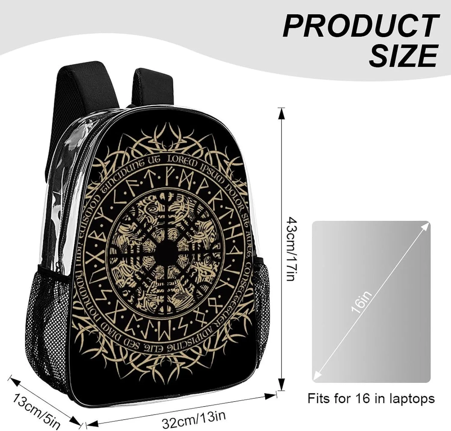 Norse Viking Vegvisir Runic Compass Transparent Fashion Waterproof PVC Transparent Backpack Unisex 17 Inches