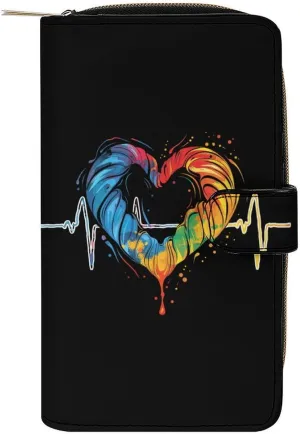 Nurses Tie-Dye Pulse Heart Womens Leather Long Wallet Fashion Card Holder Purse Clutch Handbag with Zip