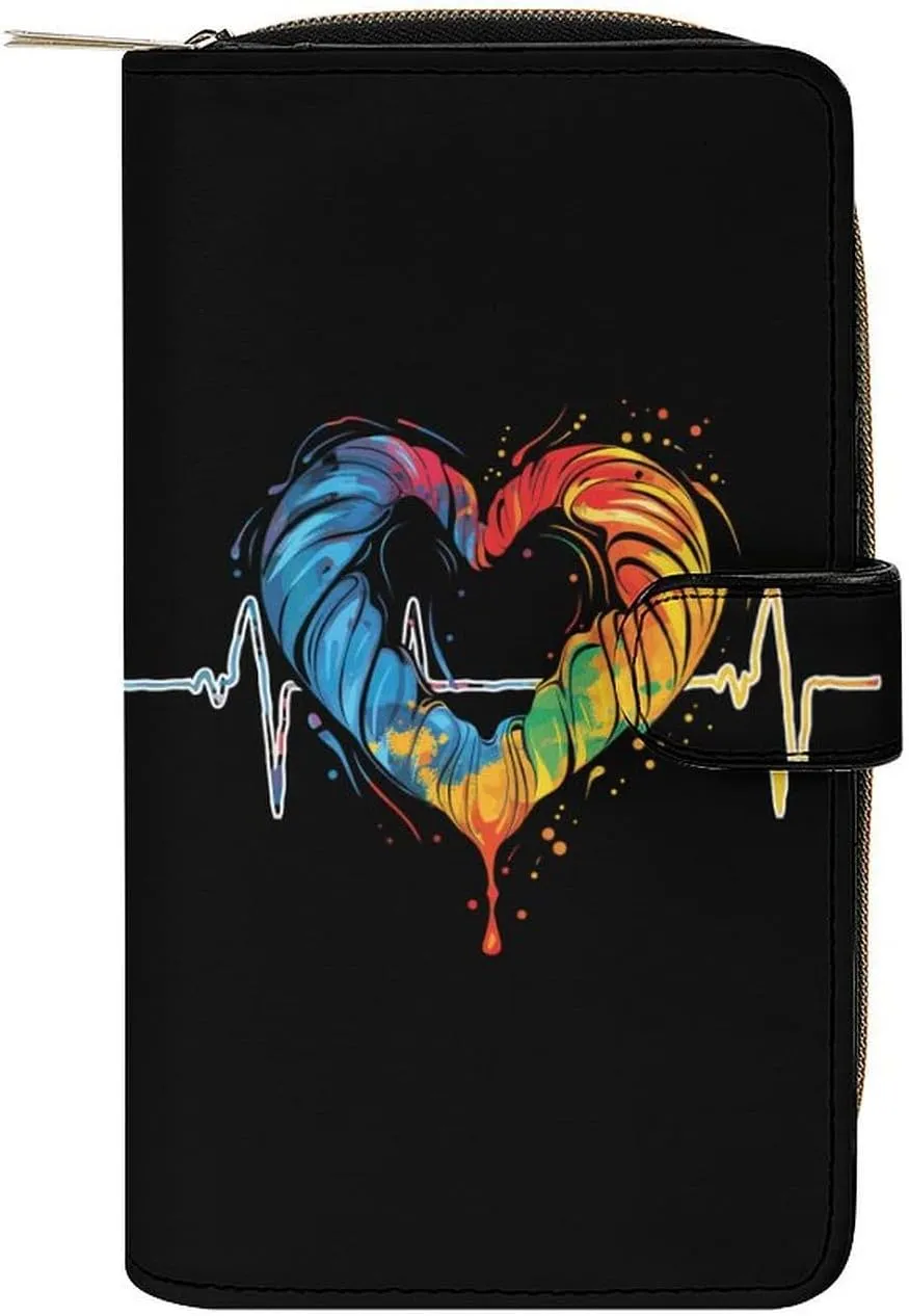 Nurses Tie-Dye Pulse Heart Womens Leather Long Wallet Fashion Card Holder Purse Clutch Handbag with Zip