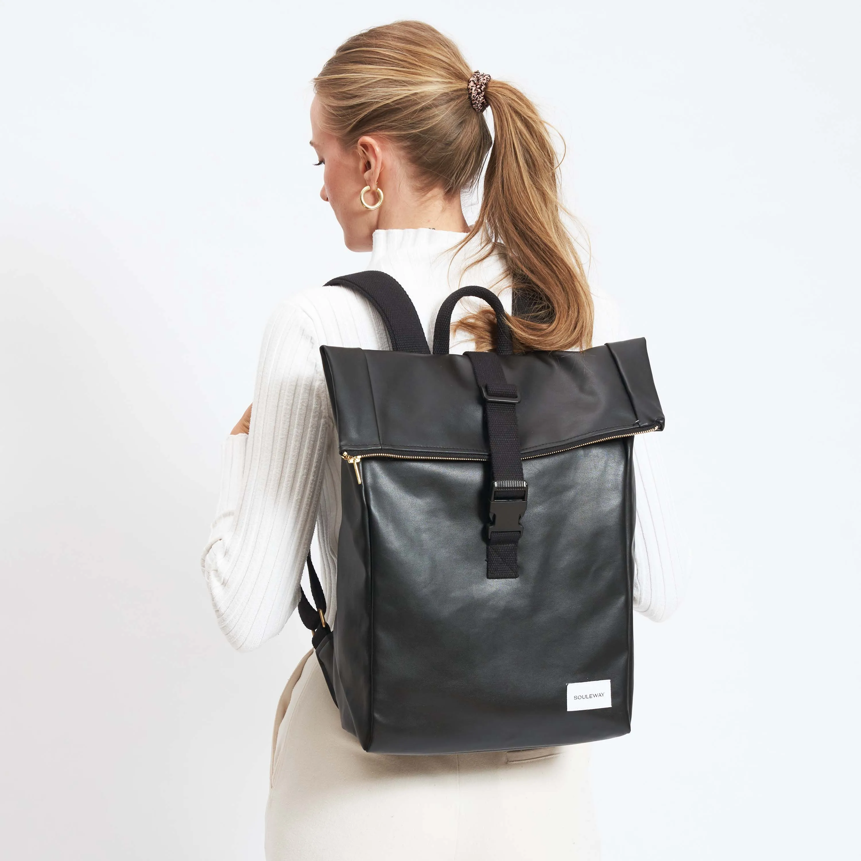 Oleatex Vegan Olive Leather Foldtop Backpack | Night Black