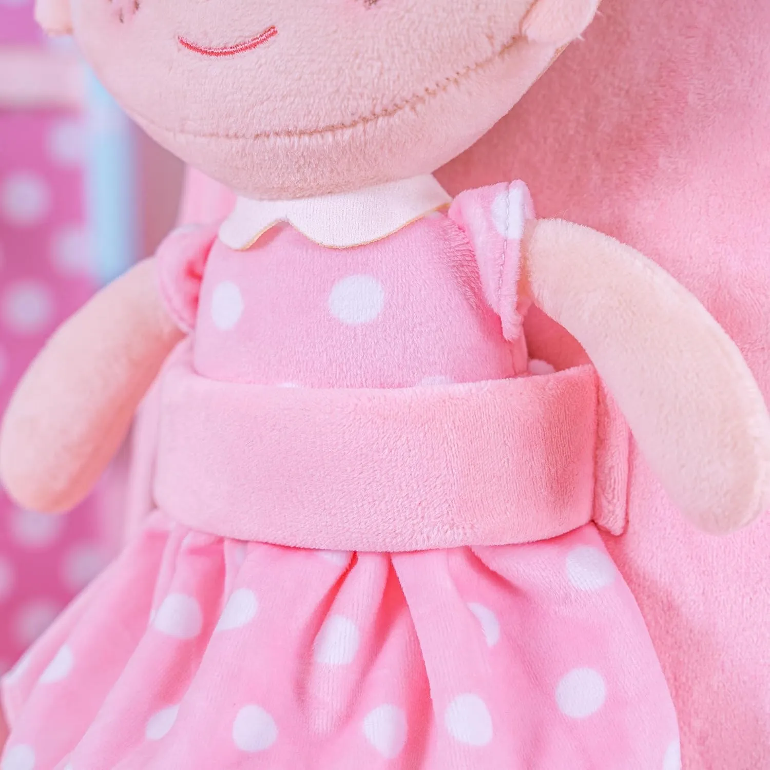 Onetoo Toddler Backpack Kids Backpacks with Soft Light Baby Dolls in Pink Polka Dots Dress 9.5"