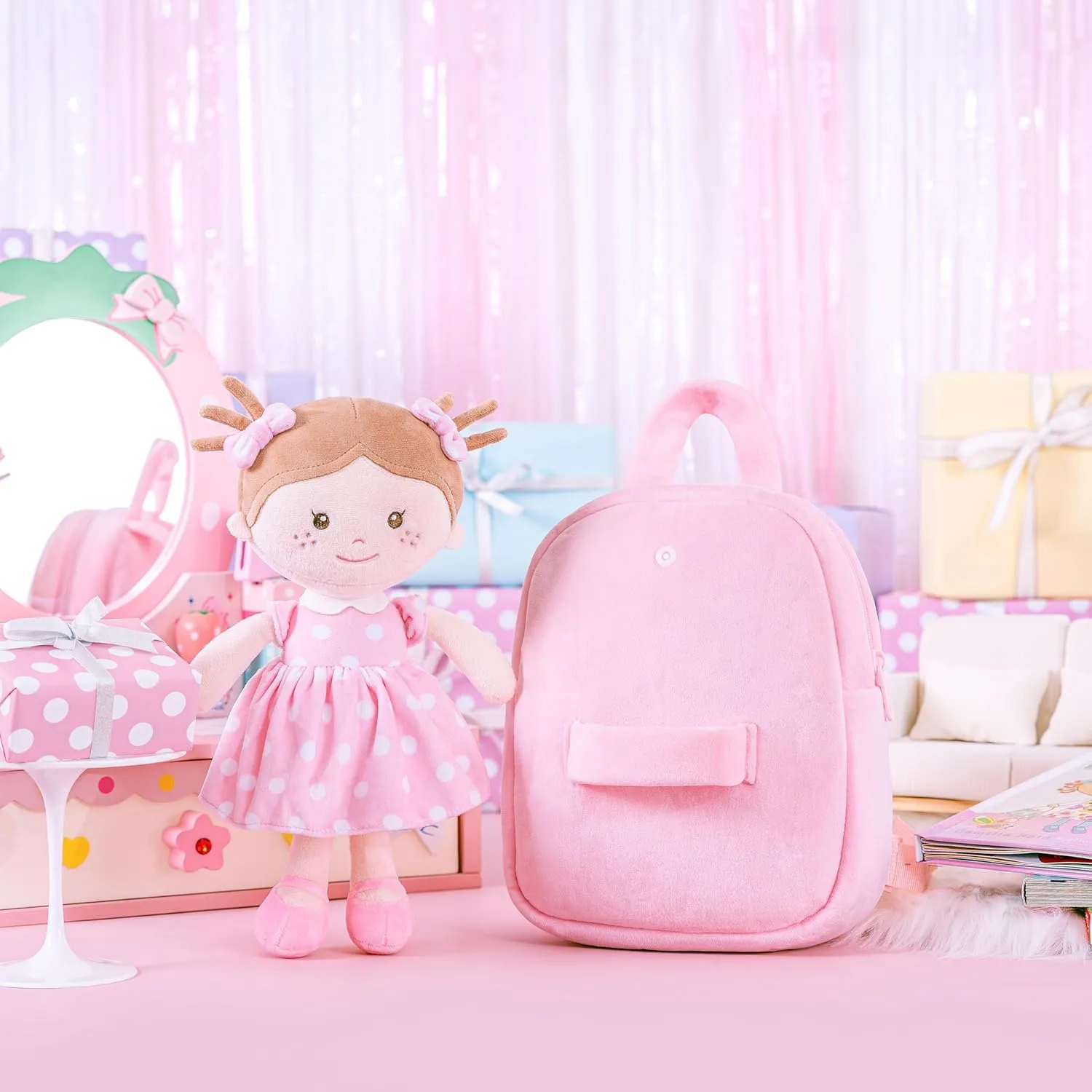Onetoo Toddler Backpack Kids Backpacks with Soft Light Baby Dolls in Pink Polka Dots Dress 9.5"