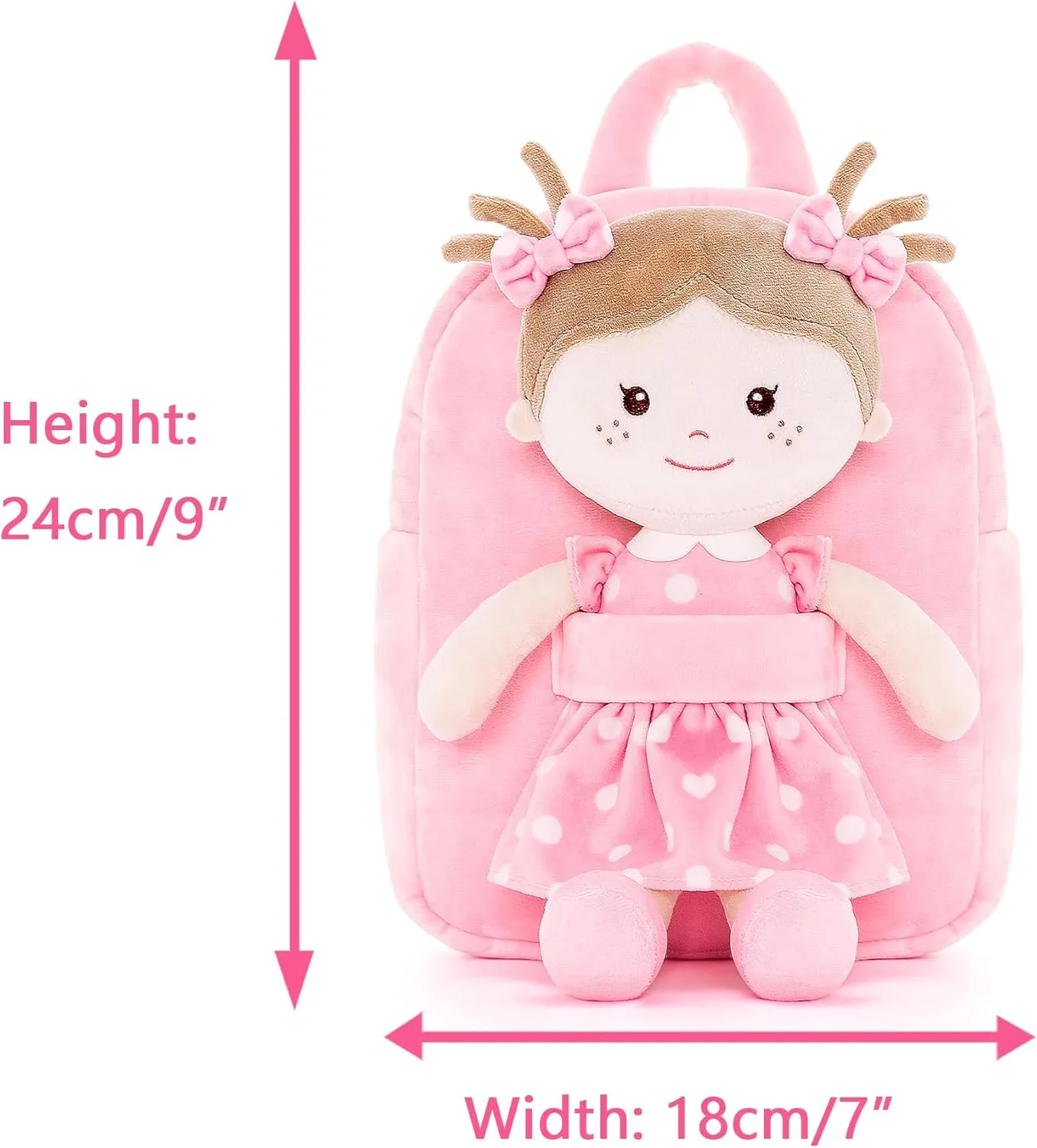 Onetoo Toddler Backpack Kids Backpacks with Soft Light Baby Dolls in Pink Polka Dots Dress 9.5"